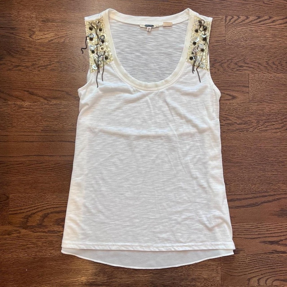 🍟y2k women's vintage‎ miss me white & gold sequin flowy semi sheer tank medium